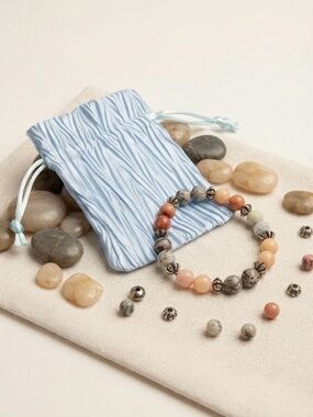 Pastel Peach & Grey Stone Beaded Stretch Bracelet